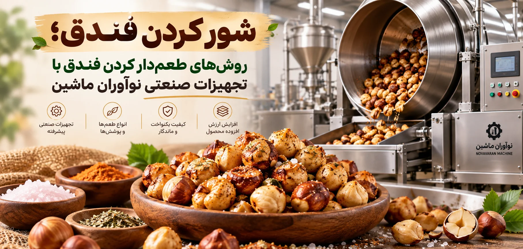شور کردن فندق؛ روش_های طعم_دار کردن فندق با تجهیزات صنعتی نوآوران ماشین